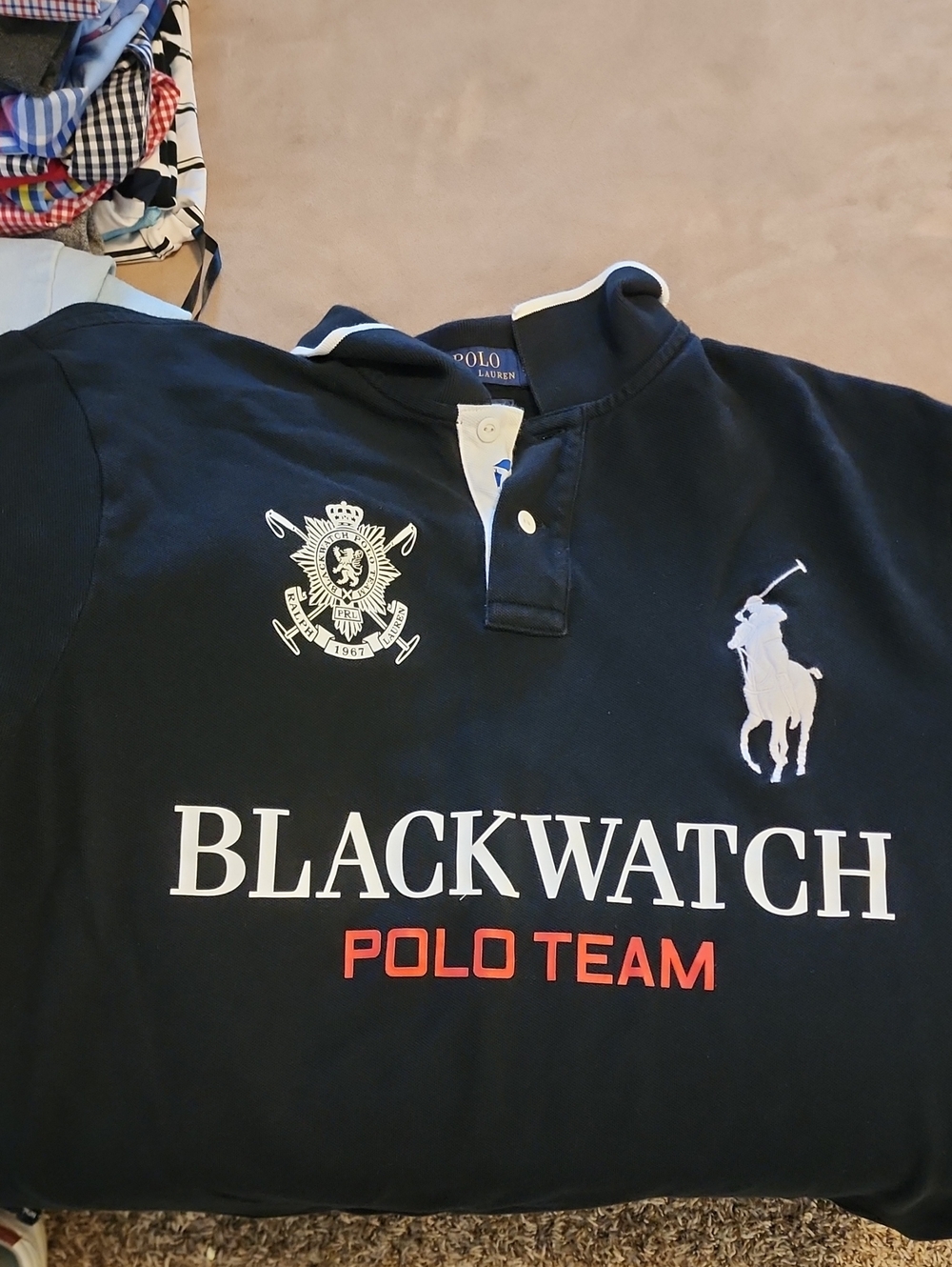 Ralph Lauren Blackwatch Black Polo Team Rugby Shirt with White & Red Accents